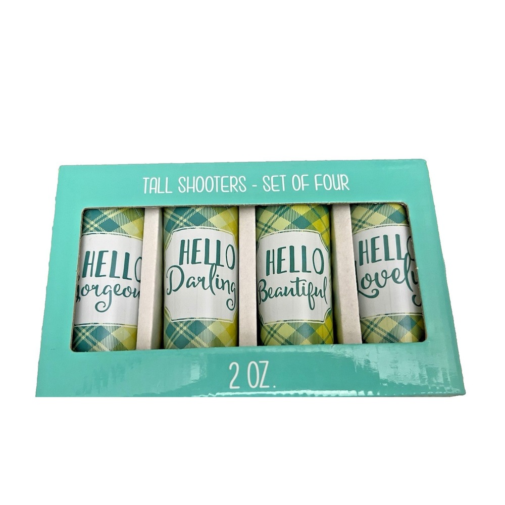 Set of 4 2 FL OZ TALL GREEN+YELLOW PLAID SHOOTERS SHOT GLASSES Girly Girl Saying